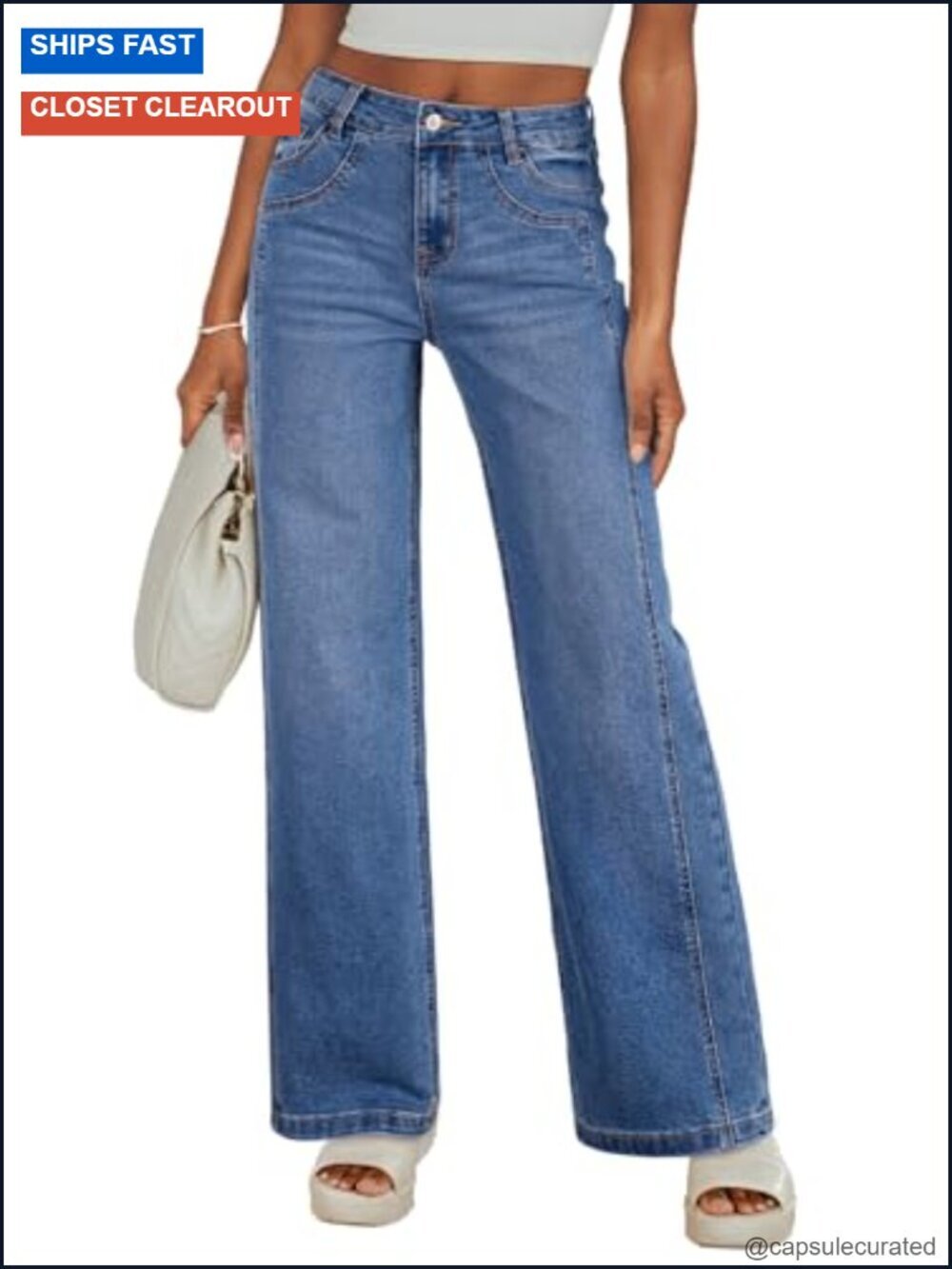 High Waisted Wide Leg Jeans with Patchwork Detail Stretchy Denim